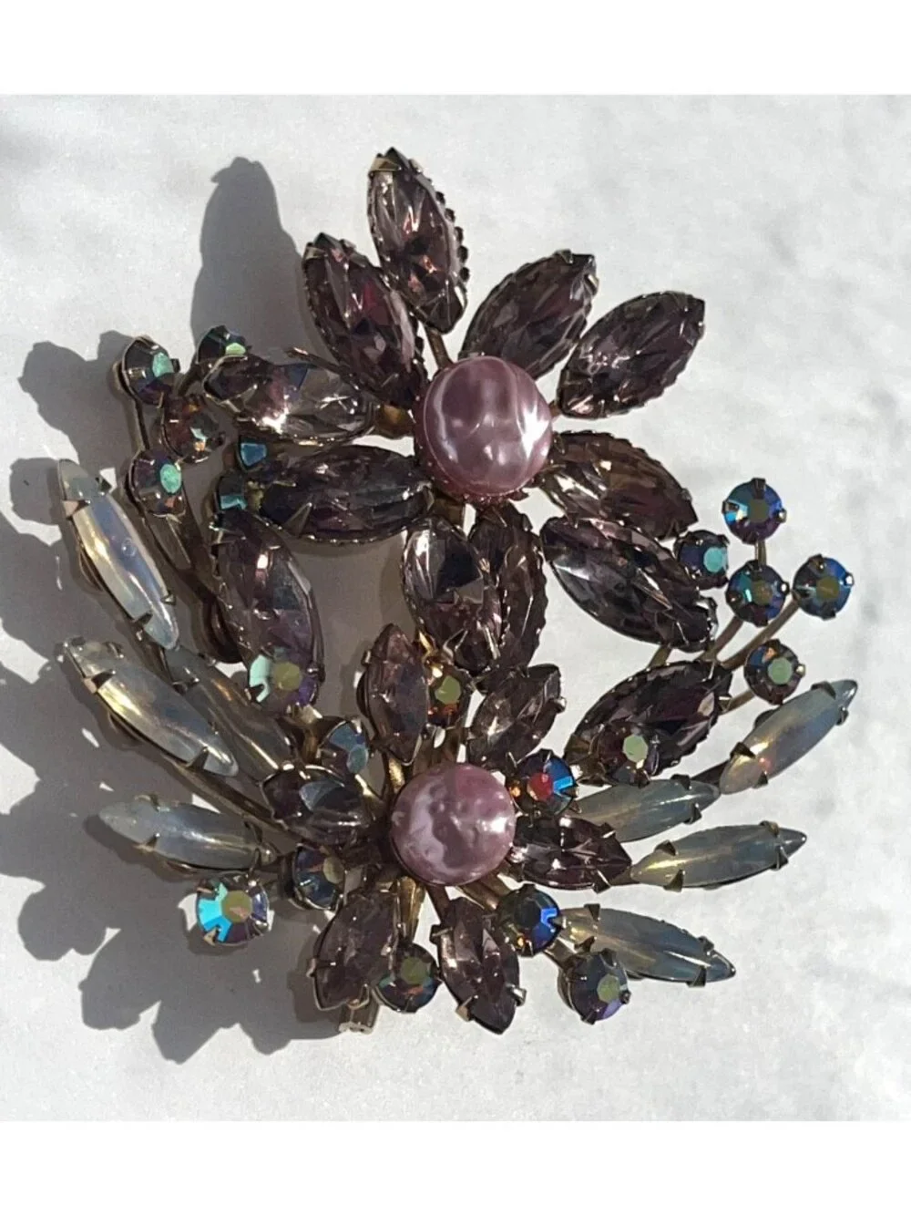 Large Vintage Mid-Century Floral Brooch W/ Smokey Purple Navette Rhinestones